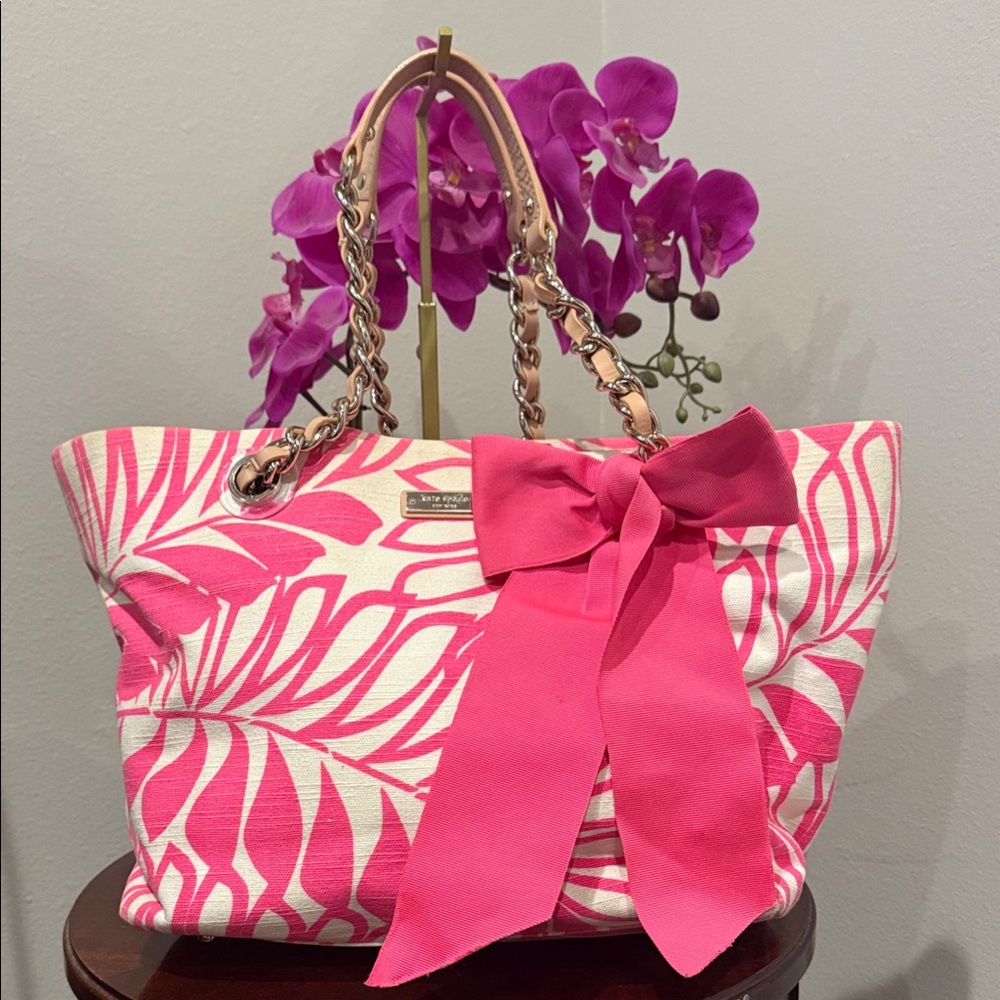 Kate Spade Vibrant Pink Cream Leaf Tote canvas storybook collectible bag purse